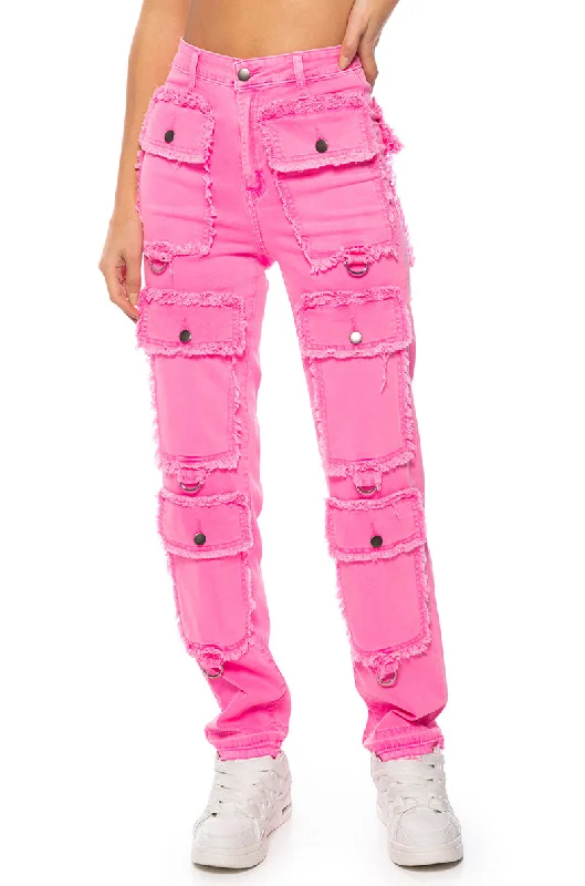 women's cropped pantsPOCKET FULL OF SUNSHINE CARGO JEANS IN HOT PINK