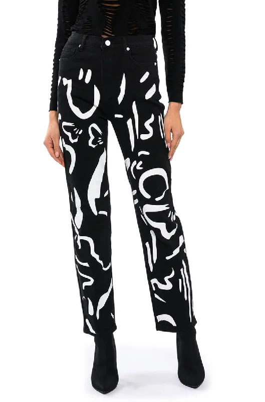 women's hot pantsABSTRACT PAINTED HIGH WAISTED WIDE LEG JEAN