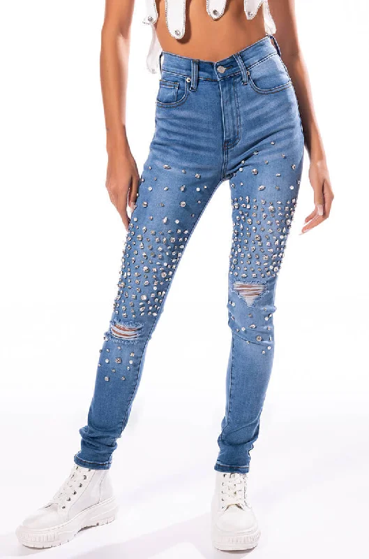 women's relaxed-fit pantsOUTTA THIS WORLD DISTRESSED RHINESTONE HIGH RISE SKINNY JEANS