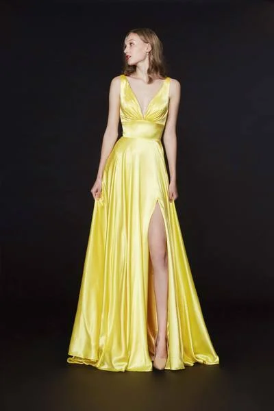 Formal Dress for GalasAngela & Alison - Ruched Plunging V-Neck Gown with Slit 91041 - 1 pc Yellow In Size 4 Available