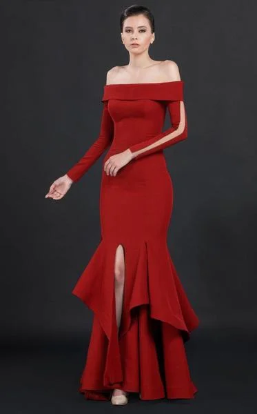 Formal Dress for Glamorous ThemesMNM COUTURE - N0043 Ruffled Off Shoulder Trumpet Gown - 1 pc Red In Size 14 Available