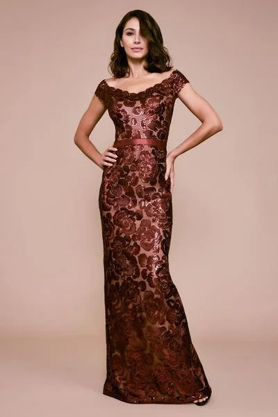 Formal Dress for Cultural FestivalsTadashi Shoji - Sequined Scalloped Off Shoulder Long Sheath Gown