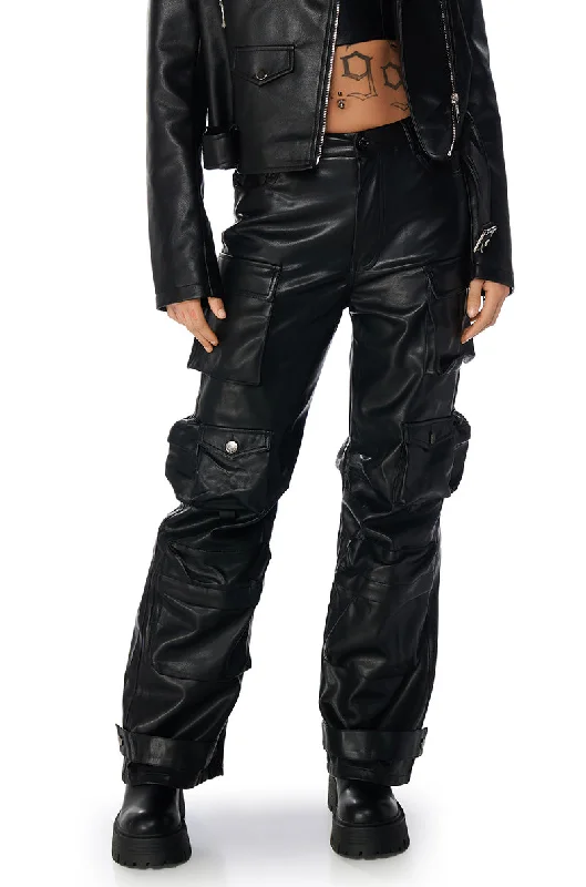 women's sustainable pantsBONNE SOIREE CARGO FAUX LEATHER PANTS