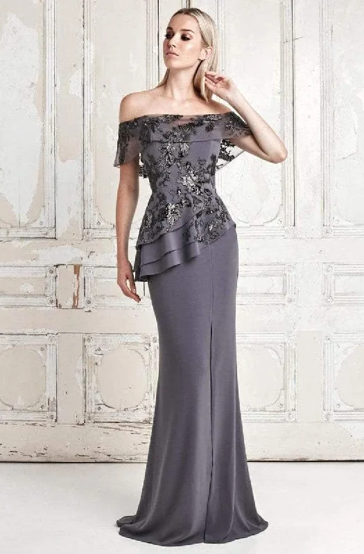 Formal Dress for Winter Formal EventsAlexander by Daymor - Embroidered Off Shoulder Peplum Long Gown 773