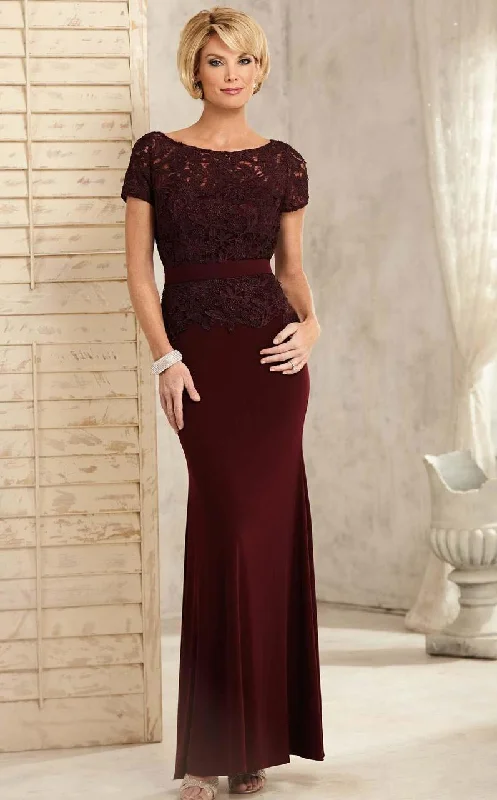 Formal Dress for WeddingsChristina Wu Elegance Short Sleeve Jeweled Lace Peplum Sheath Gown - 1 pc Wine In Size 6 Available