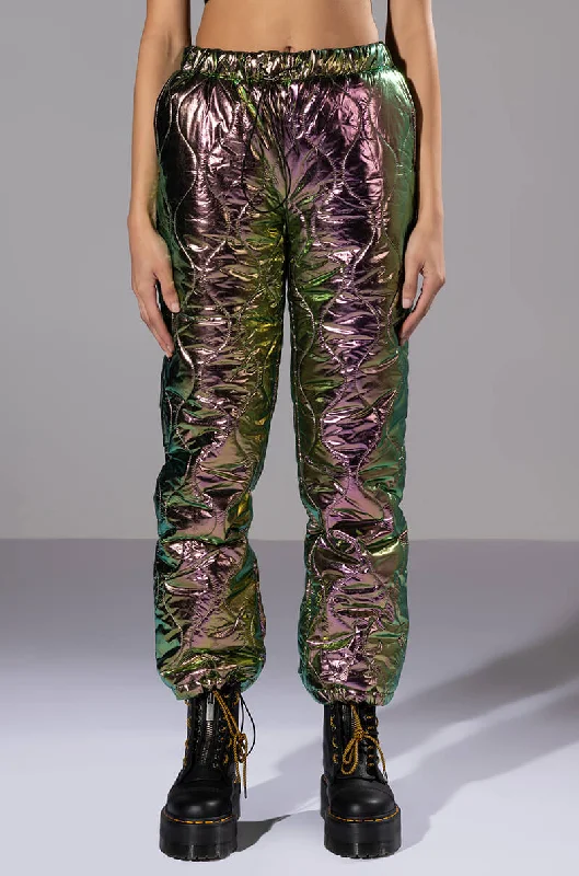 women's low-slung pantsNOT A CARE METALLIC QUILTED PANT