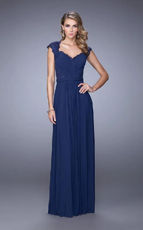 Formal Dress for Outdoor WeddingsLa Femme - Ruched V Neck Cap Sleeves Sheath Long Gown 21685SC - 1 pc Navy In Size 4 Available