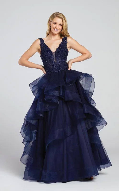 Formal Dress for Fashion WeeksEllie Wilde Plunging Lace Ruffled Tulle Ballgown EW117081