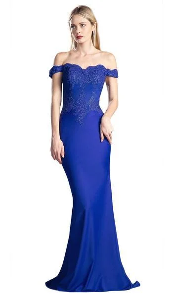 Formal Dress for Cocktail PartiesCinderella Divine - Scalloped Off Shoulder Lace Applique Gown CF158