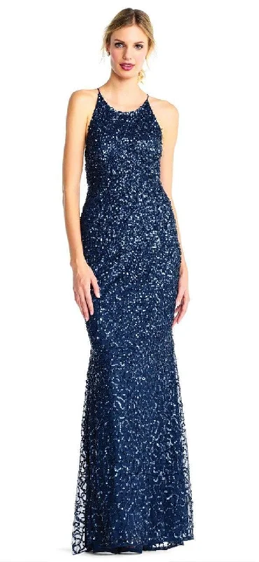 Formal Dress for Theme Park EventsAdrianna Papell - Cross-Stringed Back Sequined Halter Gown AP1E202438 - 1 pc Deep Blue In Size 16 Available