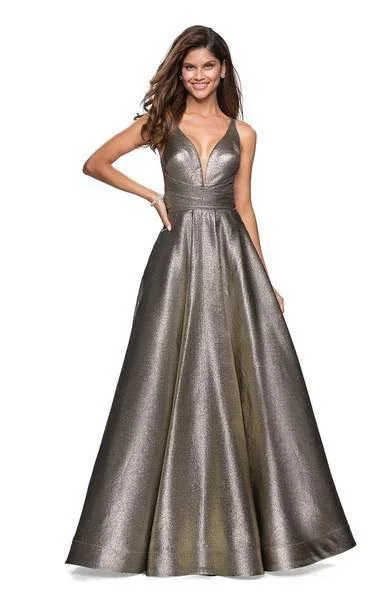 Formal Dress for Charity BallsLa Femme - Metallic Deep V-neck Pleated Ballgown 27532 - 1 pc Gold/Black In Size 4 Available