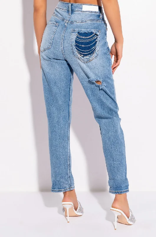 women's running pantsPARADISE MOM JEANS WITH RHINESTONE BACK POCKET