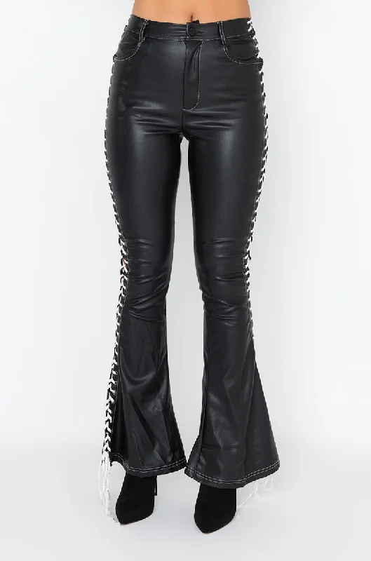 women's checkered pantsDIRTY LACE UP FAUX LEATHER FLARE PANT