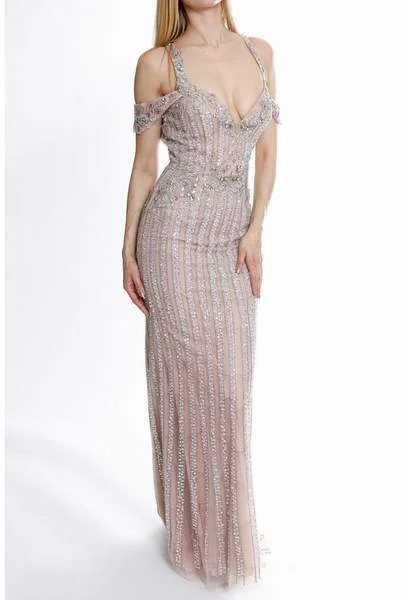 Classic Formal Dress StylesTerani Couture - Metallic Beaded Cutout Sheath Gown 1821GL7440 - 1 pc Blush Nude In Size 6 Available