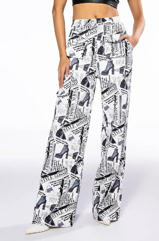 women's travel pantsLEGENDARY NEWSPAPER PRINT WIDE LEG TROUSER