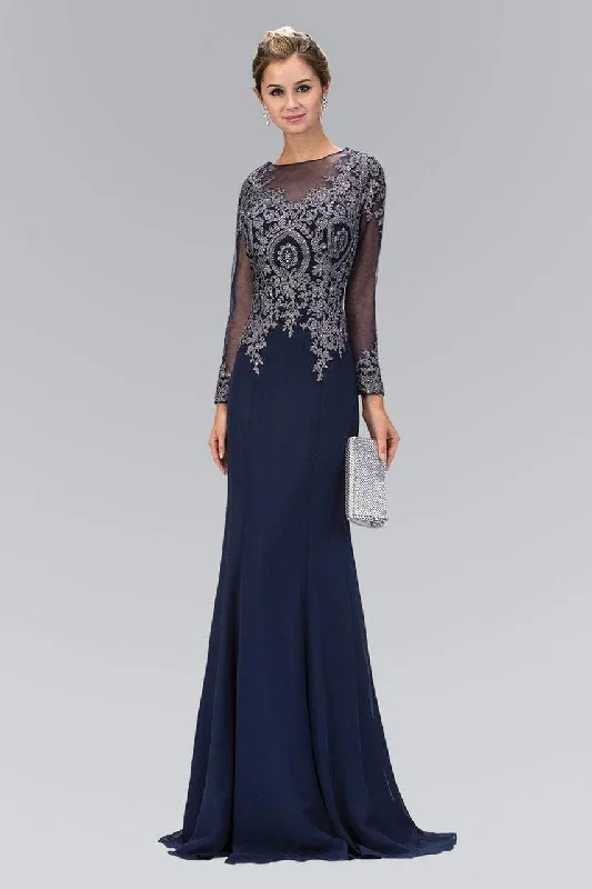 Formal Dress for Civil CeremoniesElizabeth K - GL1368SC Embroidered Sheer Long Sleeve Gown