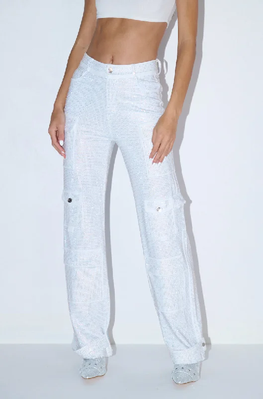 women's timeless pantsAMMO BONNE SOIREE RHINESTONE CARGO PANTS IN WHITE