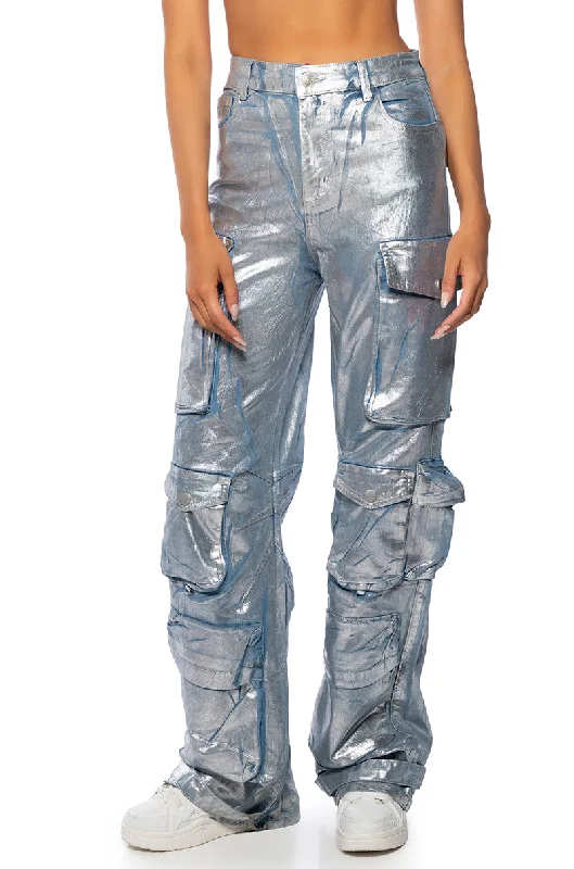 women's luxury pantsLA ISLA METALLIC CARGO JEANS