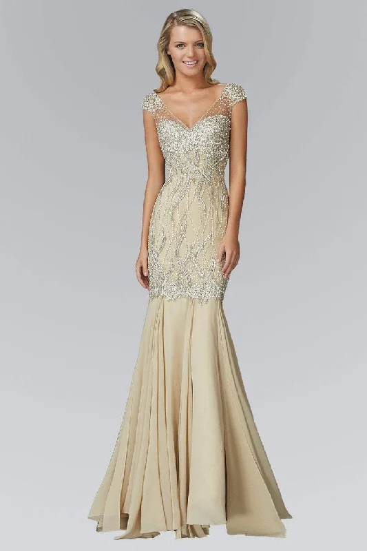 Formal Dress for PromsElizabeth K - Beaded Sheer Cap Sleeve Trumpet Gown GL2123