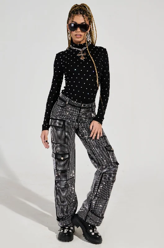 women's high-slung pantsAMMO BONNE SOIREE RHINESTONE CARGO PANTS IN BLACK