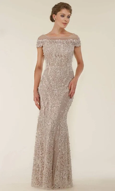 Formal Dress for Formal Day EventsRina Di Montella - RD2403-1 Lace Applique Illusion Bateau Sheath Gown - 3 Pcs Silver & Nude in Sizes 18 and 20 Available