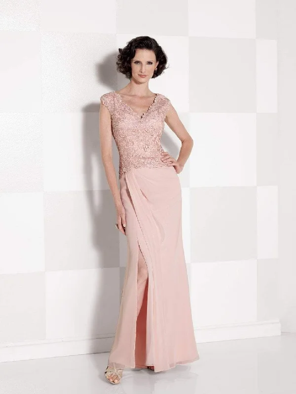 Formal Dress for Beach ThemesCameron Blake - Lace V-Neck Bodice High Slit Gown 114666