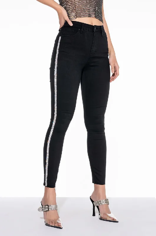 women's bootcut pantsMOONWALKER RHINESTONE HIGH RISE SKINNY JEANS