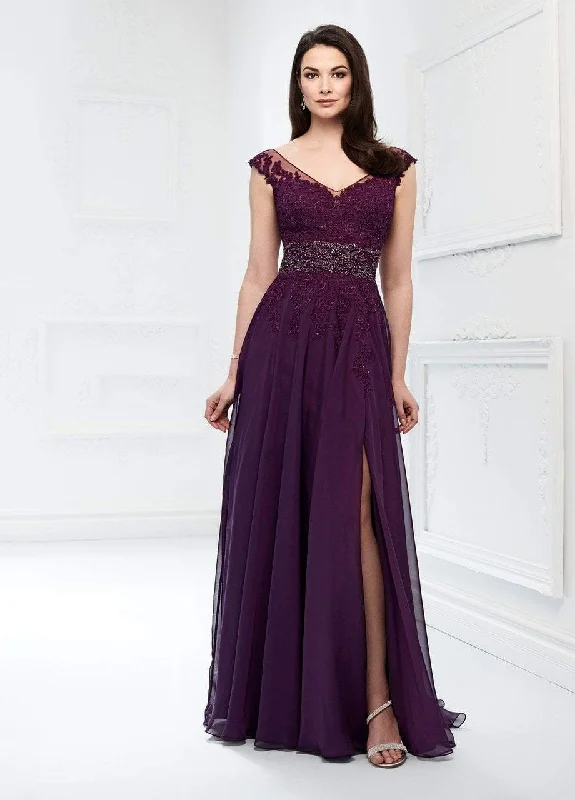 Formal Dress for Winter WeddingsMon Cheri Beaded Lace V-neck Chiffon A-line Gown 218911 - 1 pc Purple In Size 6 Available