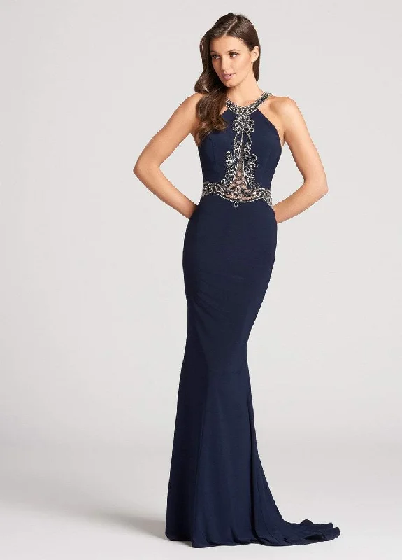 Formal Dress for Large WeddingsEllie Wilde Beaded Illusion Paneled Halter Long Gown - 1 pc Navy In Size 8 Available