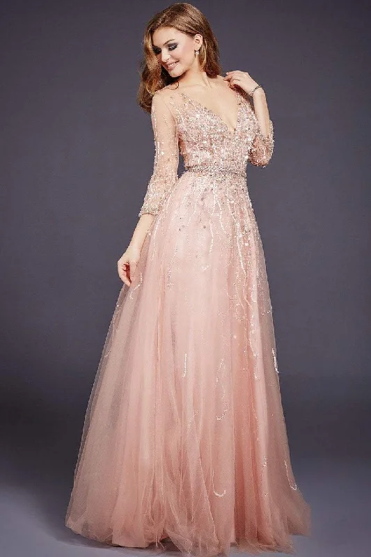 Formal Dress for Vintage Car ShowsJovani - Quarter Sleeve Ornate Illusion Tulle Gown 29084