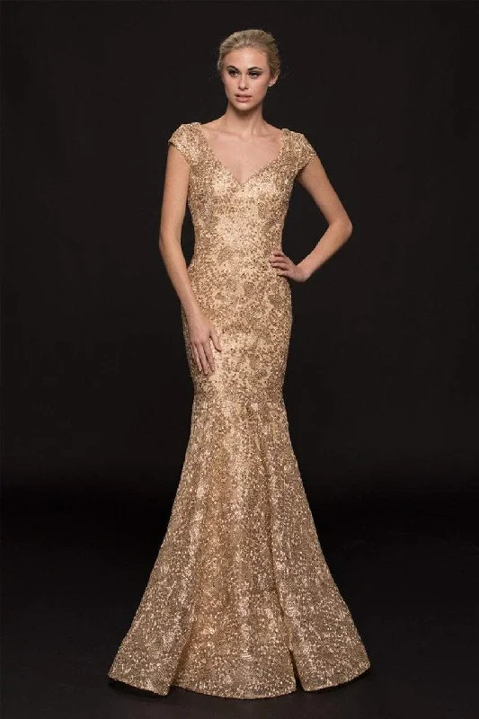 Formal Dress for New Year's EveMarsoni by Colors M212 Fitted Lace V-Neck Mermaid Gown - 1 pc Gold in size 12 Available