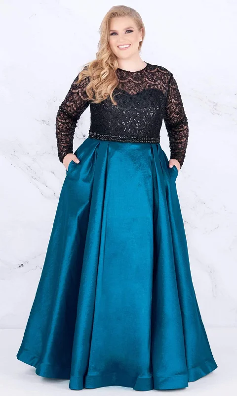 Formal Dress Shops in New YorkMac Duggal - 77473FSC Long Sleeve Lace Bod Pleated Long Gown