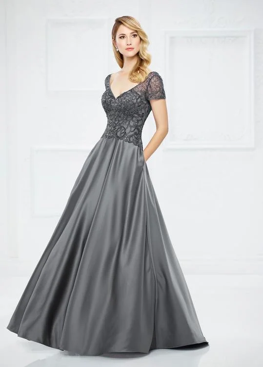 Formal Dress for Small WeddingsMon Cheri Short Sleeve Beaded Long Satin Gown - 1 pc Charcoal In Size 6 Available