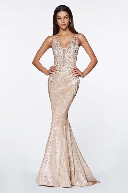 Formal Dress for Black-Tie Optional EventsCinderella Divine - CJ504 Floral Applique Deep V-Neck Mermaid Gown