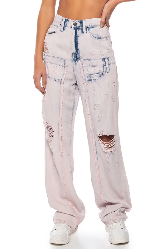 women's elegant pantsDOLLY PINK ACID WASH RELAXED FIT JEANS