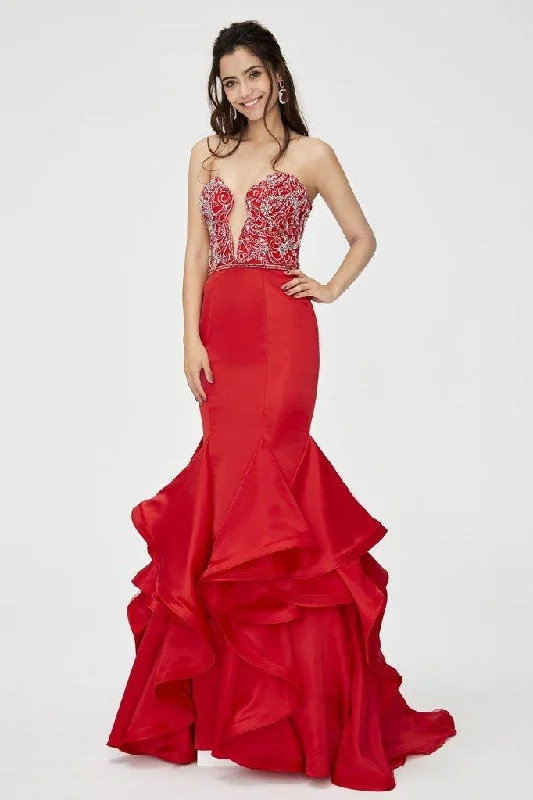 Formal Dress Shopping GuidesAngela & Alison  - 81139 Beaded Embellished Plunging Illusion Neck Ruffled Mermaid Gown - 1 pc Hot Red in Size 6 Available