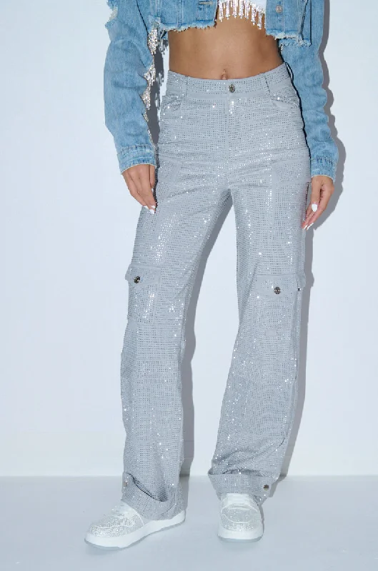 women's distressed denim pantsAMMO BONNE SOIREE RHINESTONE CARGO PANTS IN GREY