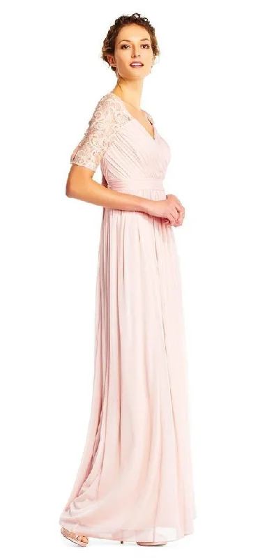 Formal Dress for Theater OpeningsAdrianna Papell - Half Sleeve Pin-Tucked Bodice Long Gown AP1E201417 - 1 pc Blush In Size 12 Available