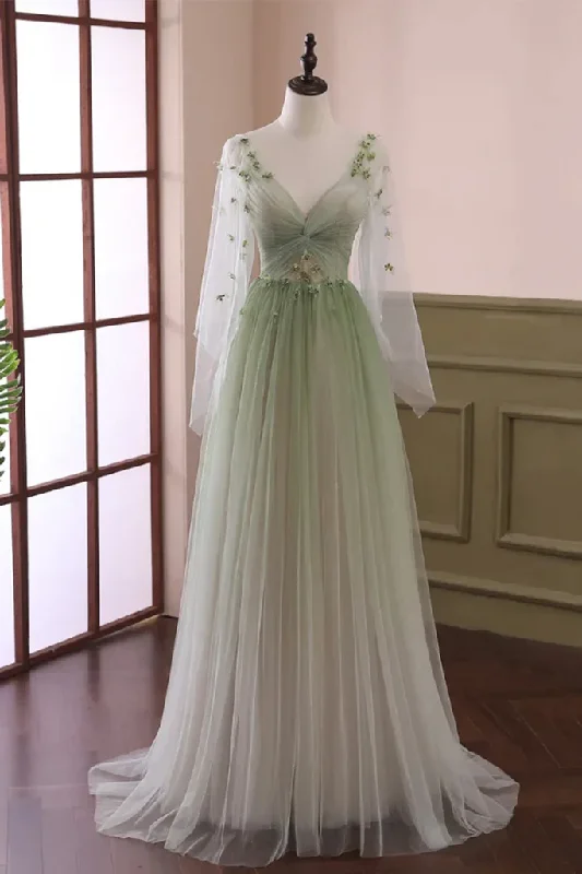 bridesmaid party dressesLight Green V Neck A-Line Tulle Formal Long Evening Dress MD7213