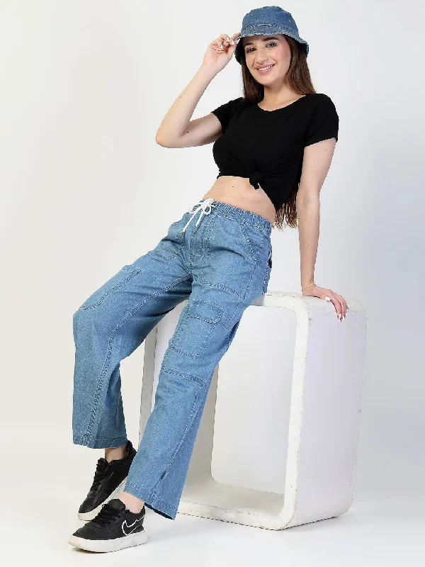 women's denim jeans with adjustable waistbandsLight Blue Relaxed Straight Leg Cargos Denim Jeans