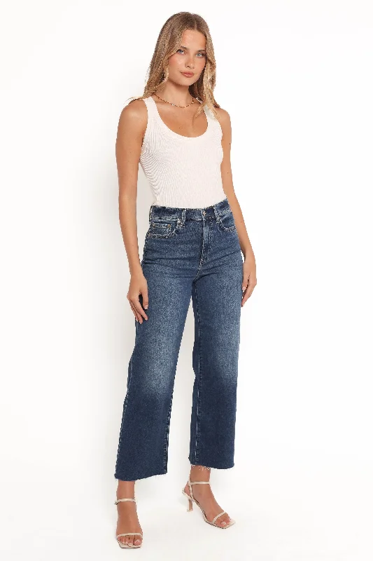 women's distressed denim jeans with holesPleaser Wide Leg Crop Jean - Uptown