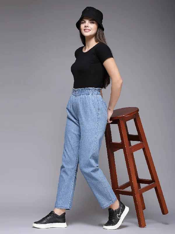 women's denim jeans with distressed hemsRelaxe Fit Mid Indigo Cotton Denim Jeans For Women