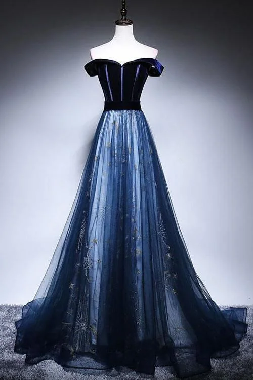 sustainable party dressesDark Blue Velvet Tulle Long Prom Dress, Elegant Off the Shoulder Evening Dress  MD7242