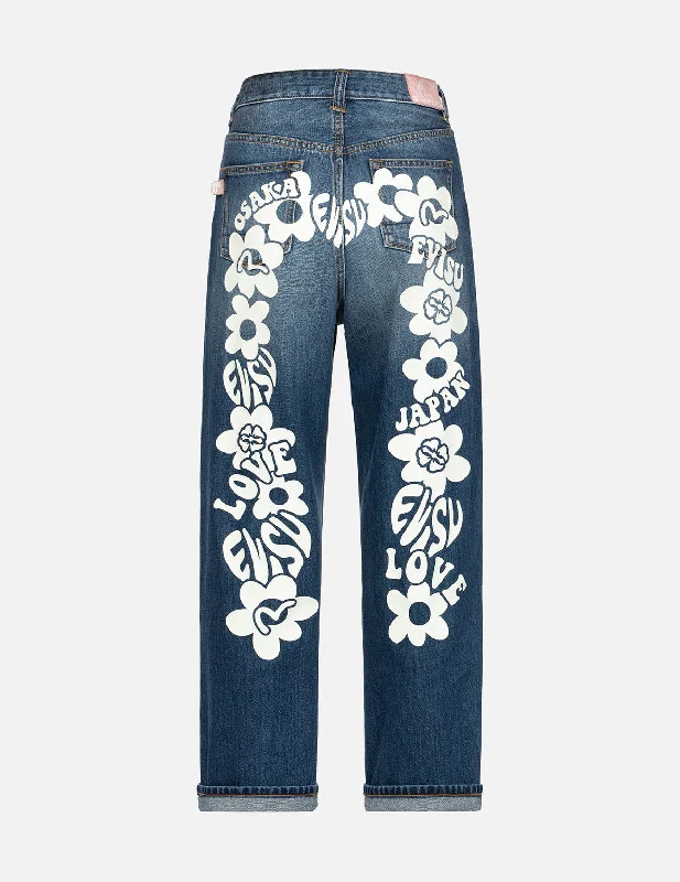 women's denim jeans with geometric patternsFloral Seagull Plastisol Daicock Print Wide Leg Jeans