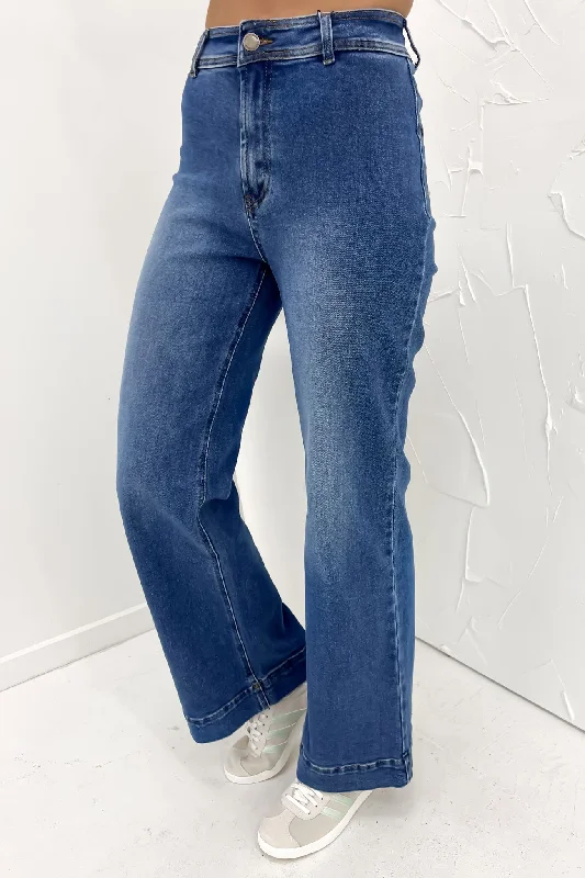 women's denim jeans with embroidery on pocketsMahnee Flare Jean Mid Blue