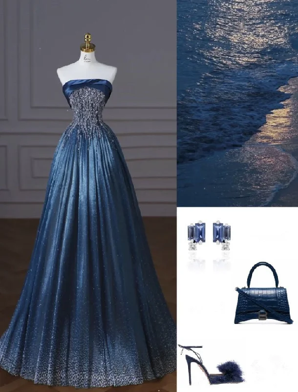 elegant party dressesNavy Blue Strapless A-Line Beading Long Prom Dress Evening Gown, D34