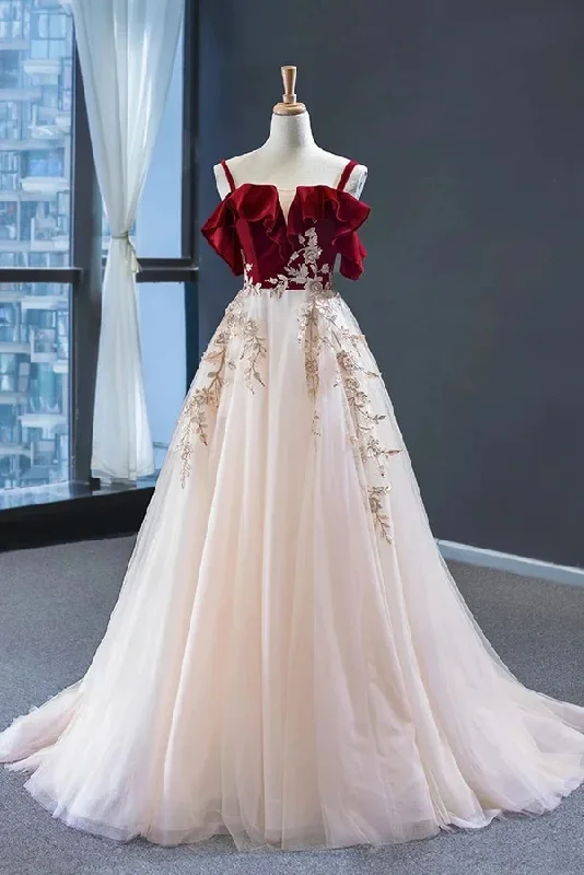 plus-size friendly party dressesRed Straps Tulle Formal Dress Applique Prom Dress Formal Evening Gown MD7220