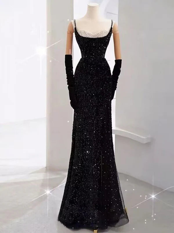 ready-to-wear party dressesBlack Straps Sequin Mermaid Long Prom Dress Evening Gown MD7655