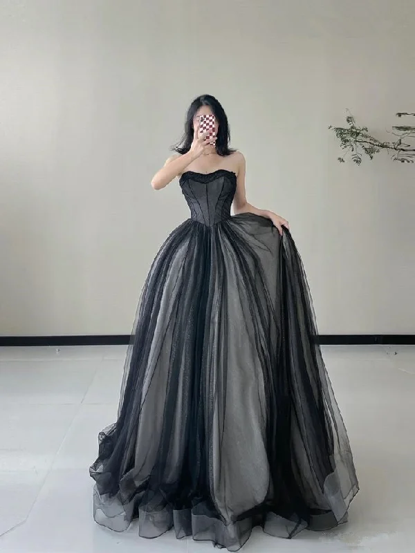 comfortable party dressesBlack Strapless A-Line Tulle Long Formal Prom Dress Evening Gown, D60