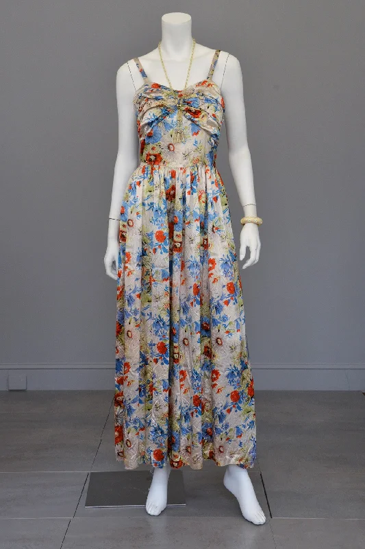 bachelorette party dressesVintage 1930s Floral Satin Gathered Bust Evening Gown